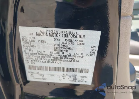 2008 Mazda Tribute I Touring z USA, uszkodzony, nr VIN 4F2CZ92Z58KM29301